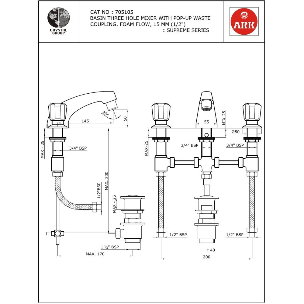 Basin Three Hole Mixer,FF with Pop-Up Waste