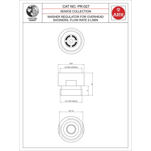 Washer Regulator for Overhead Showers, Flow Rate 9 L/min