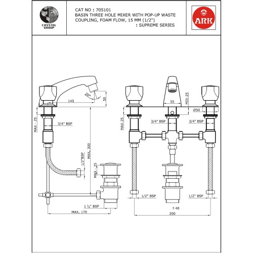 Basin Three Hole Mixer, FF with Pop-Up Waste