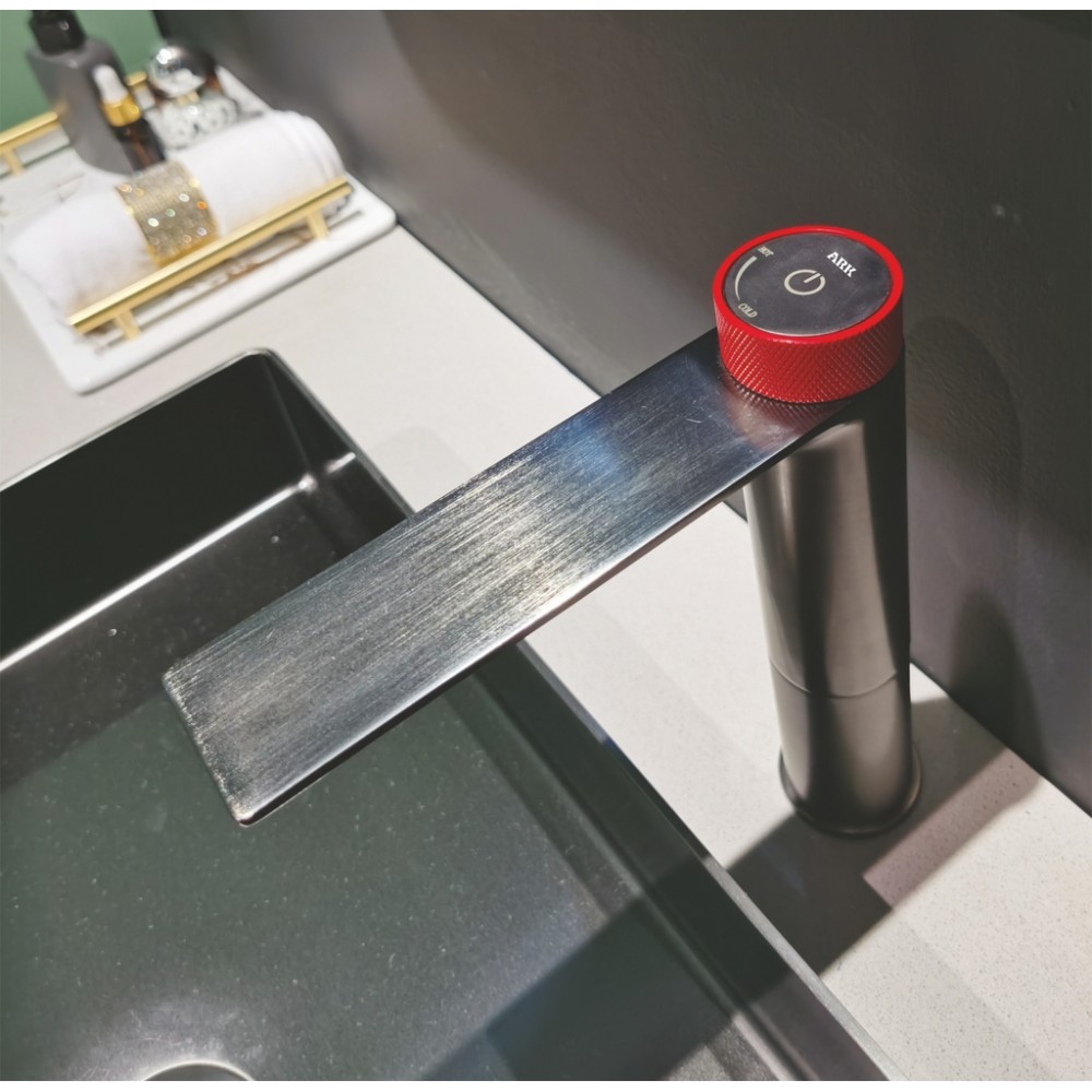 Basin Mixer Tall Boy, Disk Control, Brushed Grey & Red