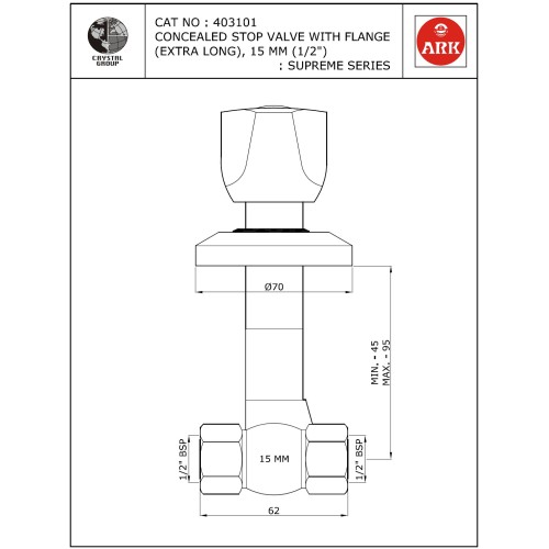Concealed Stop Valve, Extra Long, 1/2