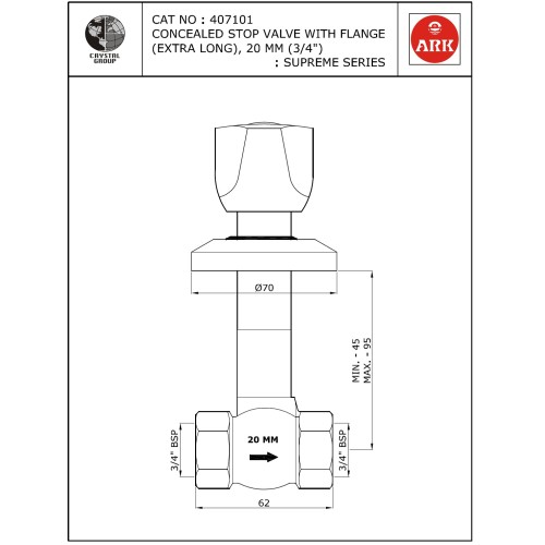 Concealed Stop Valve, Extra Long, 3/4