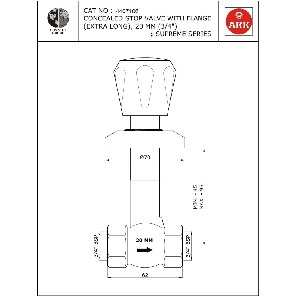 Concealed Stop Valve Extra Long 3/4
