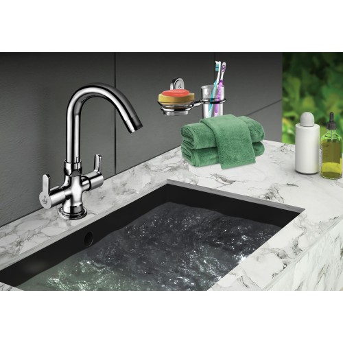 Basin One Hole Mixer with HU Spout FF & Detachable Braided Hoses